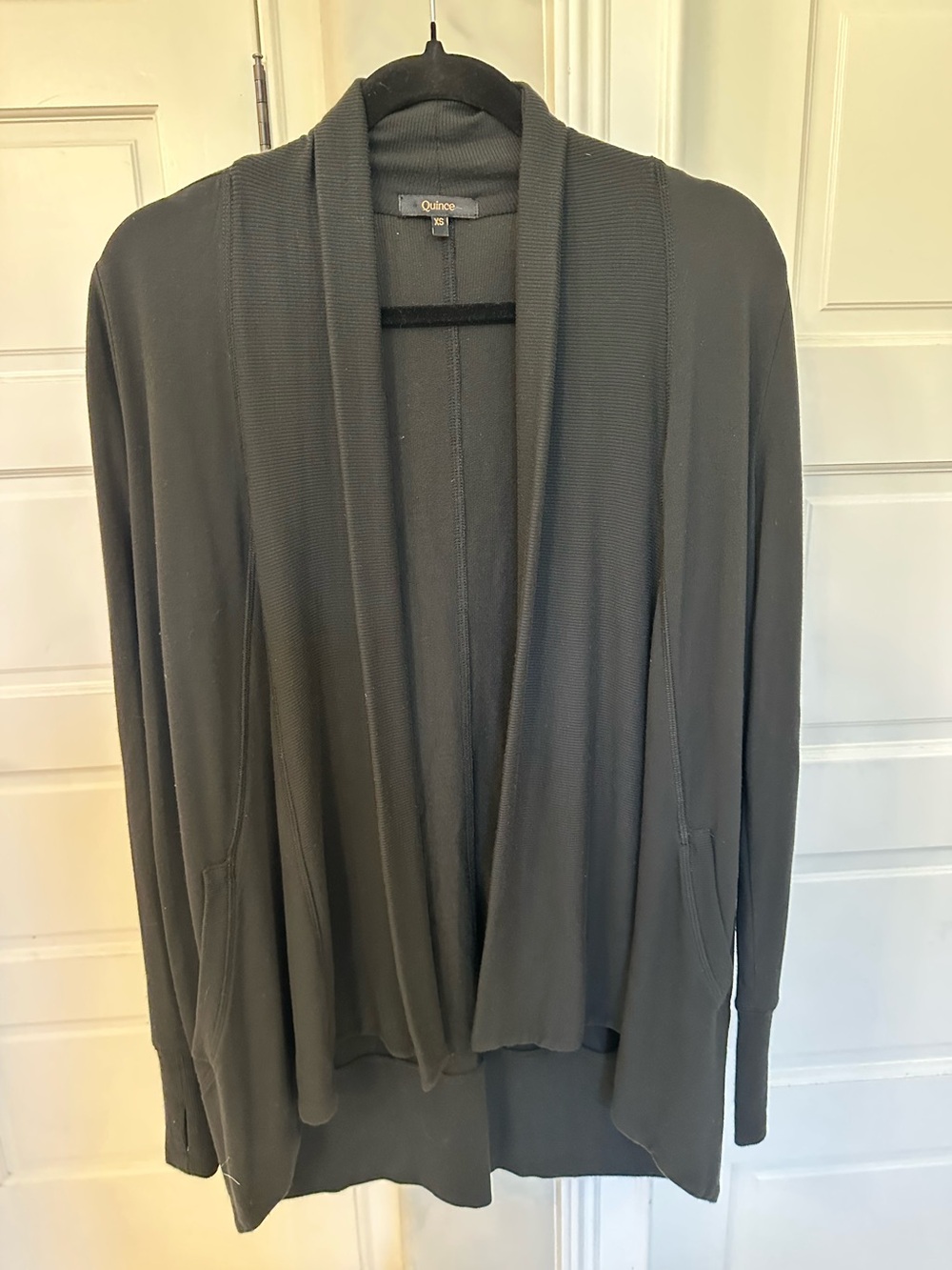 Quince French Terry Modal Cardigan Black Size XS Thumbhole Open Front Soft Cozy